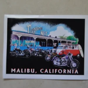 A picture of the malibu, california bus and motorcycle.